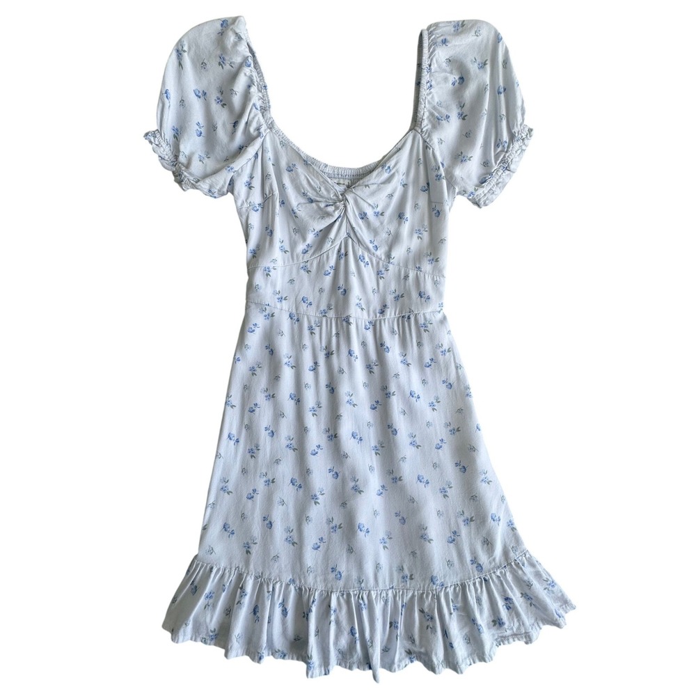 Hollister Blue Floral Smocked Back Puff Sleeve Ruffle Mini Dress Small